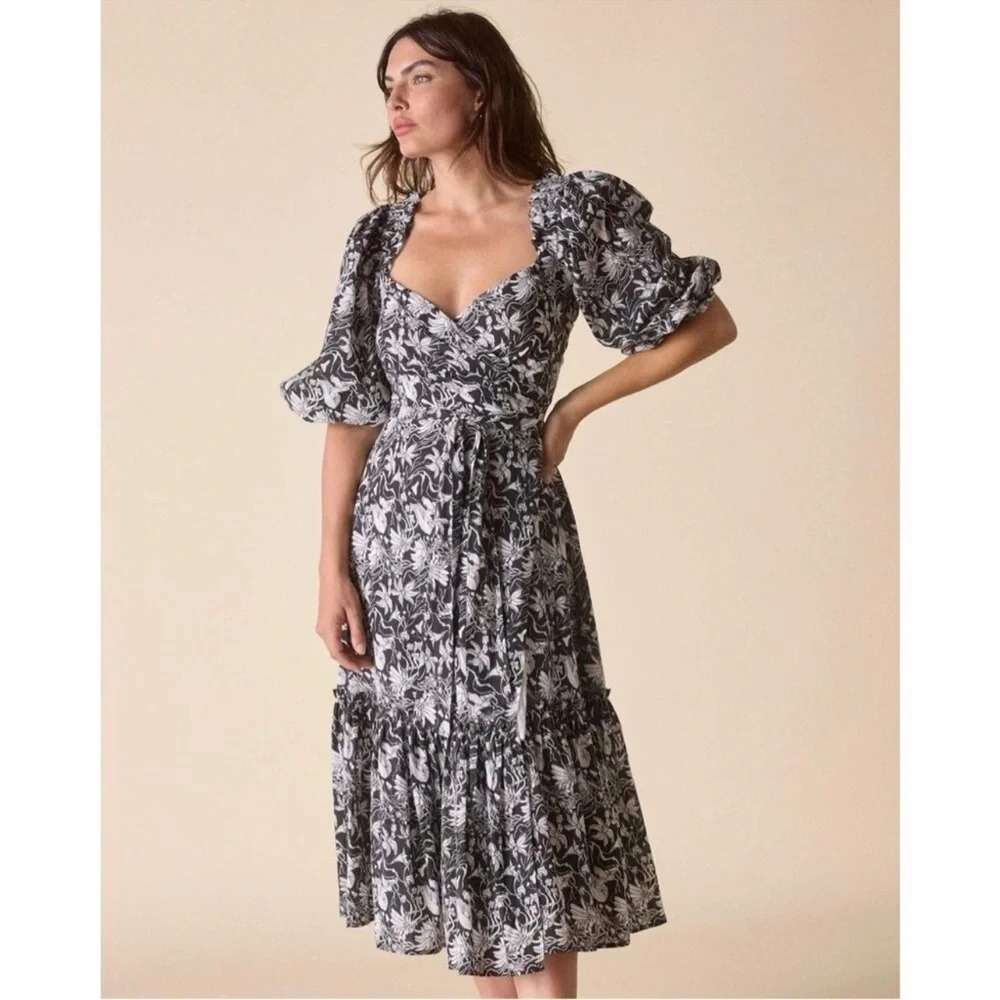 St. Roche Romaine Wrap Midi Dress Black White NWT Puff Sleeves Regencycore Chic